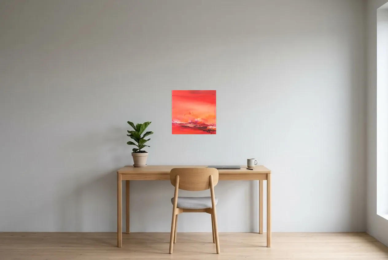 Red Abstract Painting 102 “Atmosphère”, original oil painting by Régine Gardan, 40 × 40 cm, hung in a home office