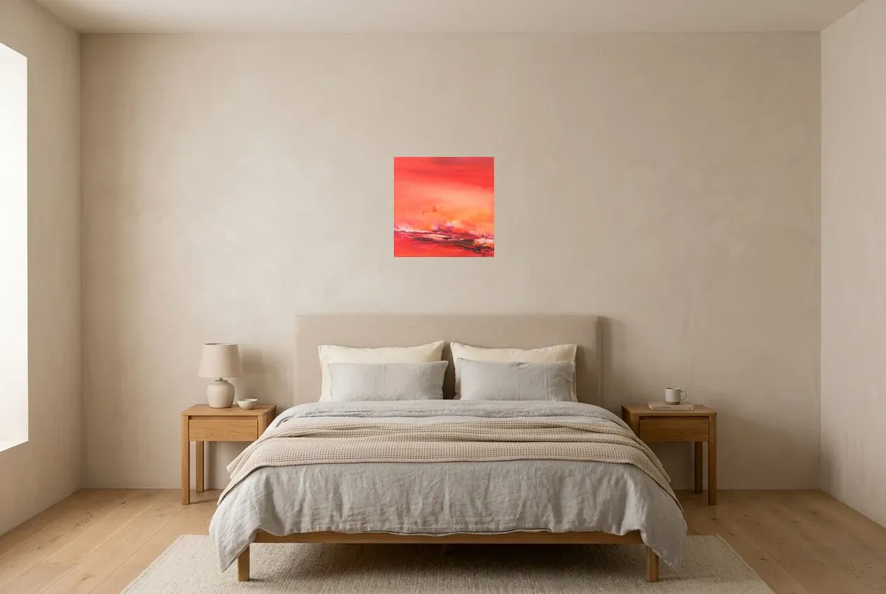 Red Abstract Painting 102 “Atmosphère”, original oil painting by Régine Gardan, 40 × 40 cm, hung in a bedroom