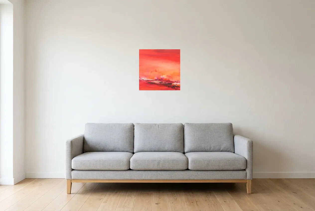 Red Abstract Painting 102 “Atmosphère”, original oil painting by Régine Gardan, 40 × 40 cm, hung in a living room