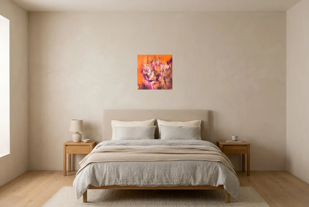 Red Abstract Wall Art 103 “Chrysalide”, original oil painting by Régine Gardan, 40 × 40 cm, hung in a bedroom
