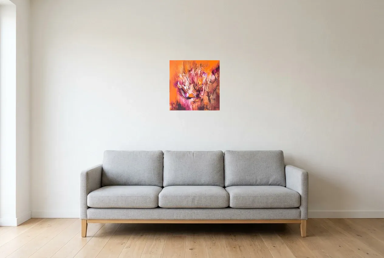 Red Abstract Wall Art 103 “Chrysalide”, original oil painting by Régine Gardan, 40 × 40 cm, hung in a living room