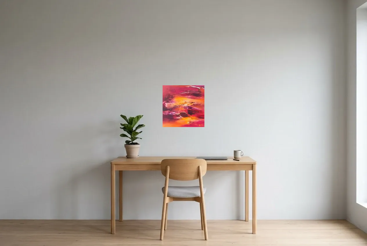 Red Abstract Painting 104 “Magma”, original oil painting by Régine Gardan, 40 × 40 cm, hung in a home office