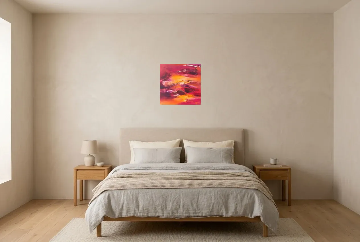 Red Abstract Painting 104 “Magma”, original oil painting by Régine Gardan, 40 × 40 cm, hung in a bedroom