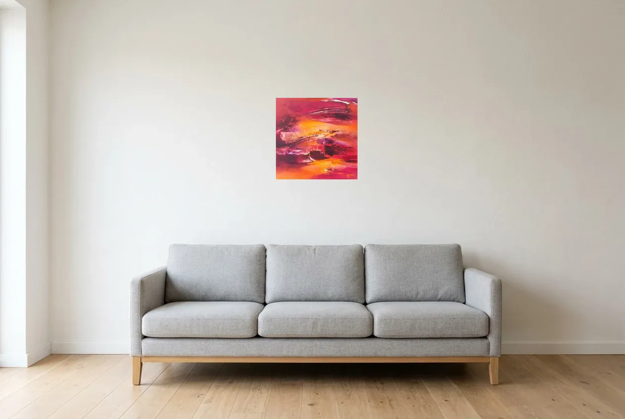 Red Abstract Painting 104 “Magma”, original oil painting by Régine Gardan, 40 × 40 cm, hung in a living room