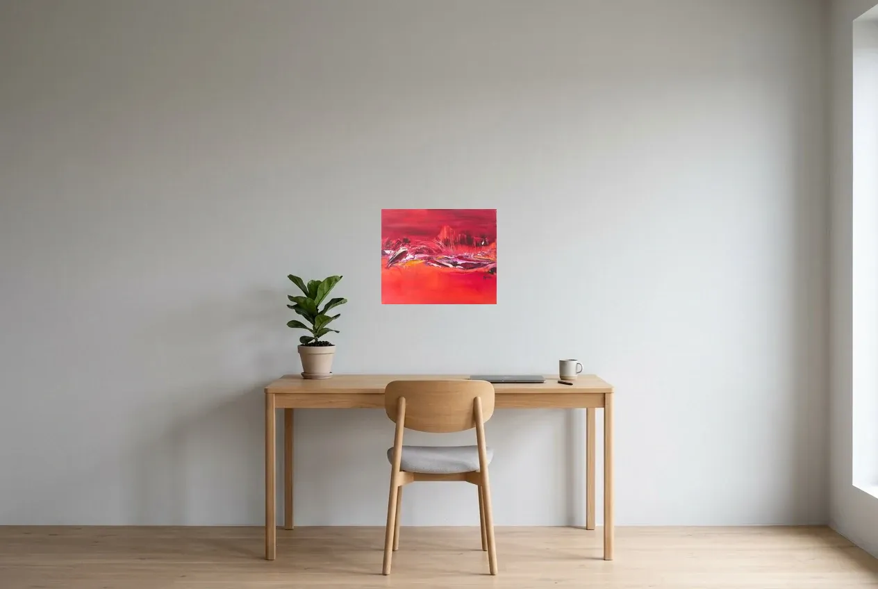 Red Abstract Painting 105 “Dauphin”, original oil painting by Régine Gardan, 46 × 38 cm, hung in a home office