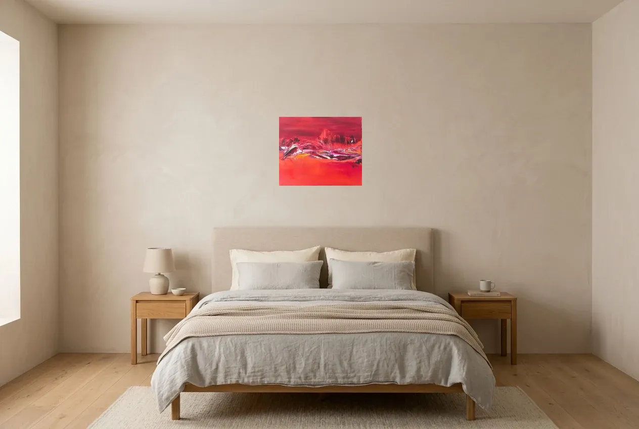 Red Abstract Painting 105 “Dauphin”, original oil painting by Régine Gardan, 46 × 38 cm, hung in a bedroom