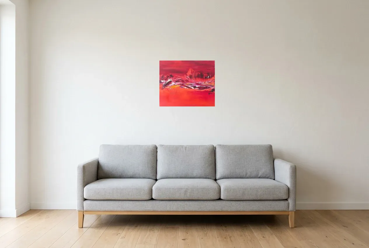 Red Abstract Painting 105 “Dauphin”, original oil painting by Régine Gardan, 46 × 38 cm, hung in a living room
