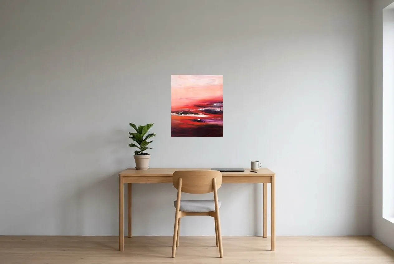 Red Abstract Wall Art 107 “Stabilité Irréel”, original oil painting by Régine Gardan, 46 × 55 cm, hung in a home office