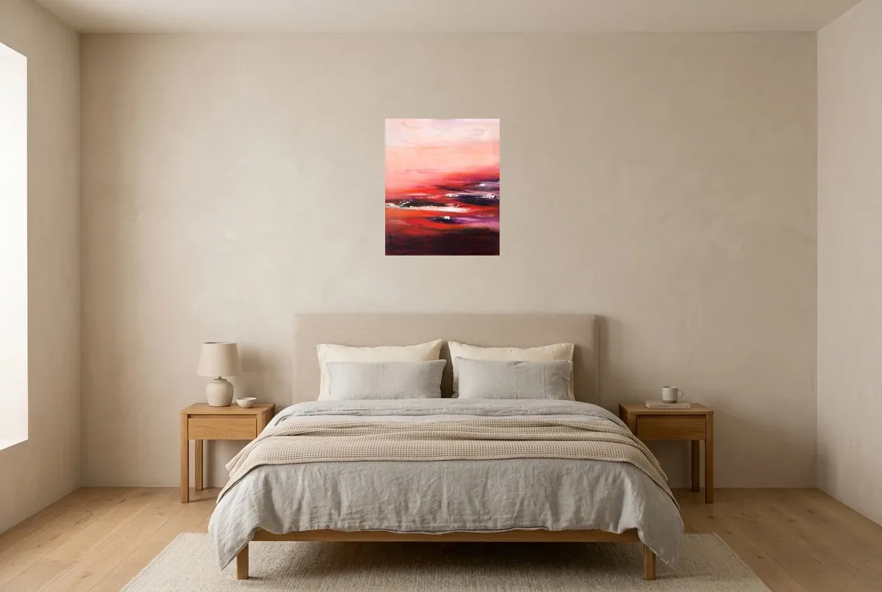 Red Abstract Wall Art 107 “Stabilité Irréel”, original oil painting by Régine Gardan, 46 × 55 cm, hung in a bedroom