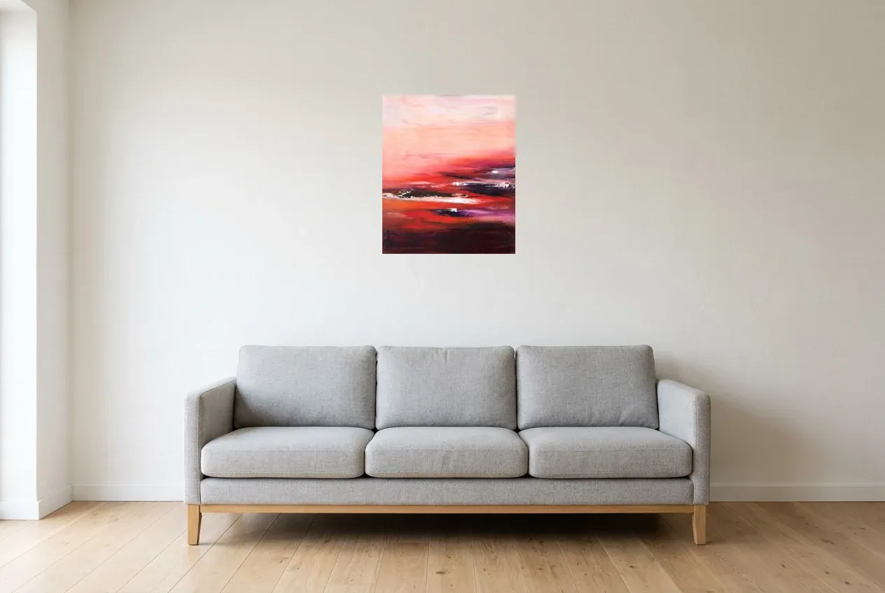 Red Abstract Wall Art 107 “Stabilité Irréel”, original oil painting by Régine Gardan, 46 × 55 cm, hung in a living room