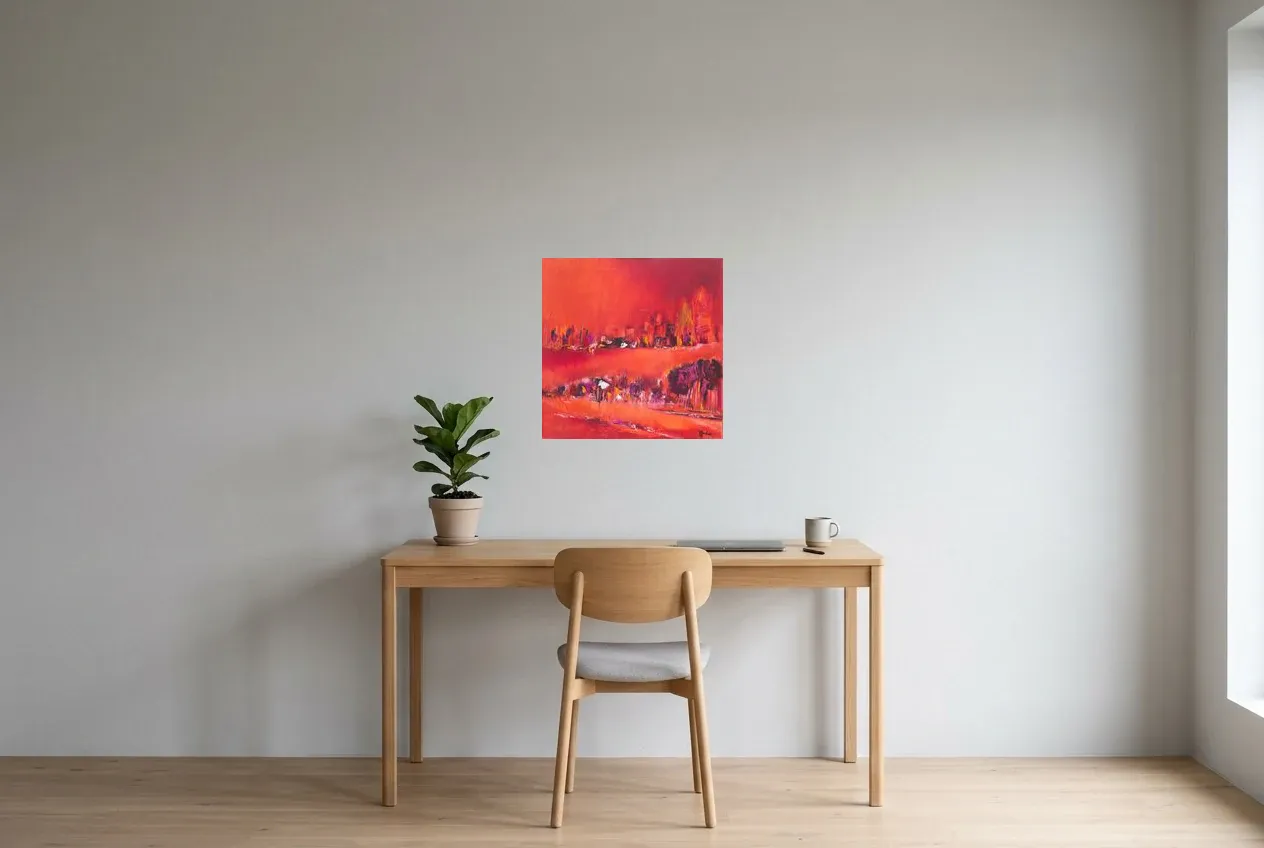 Red Abstract Painting 109 “Rivière”, original oil painting by Régine Gardan, 50 × 50 cm, hung in a home office