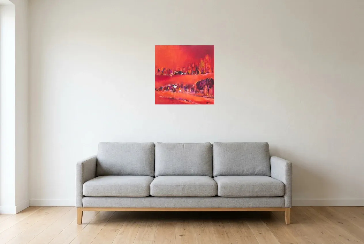 Red Abstract Painting 109 “Rivière”, original oil painting by Régine Gardan, 50 × 50 cm, hung in a living room