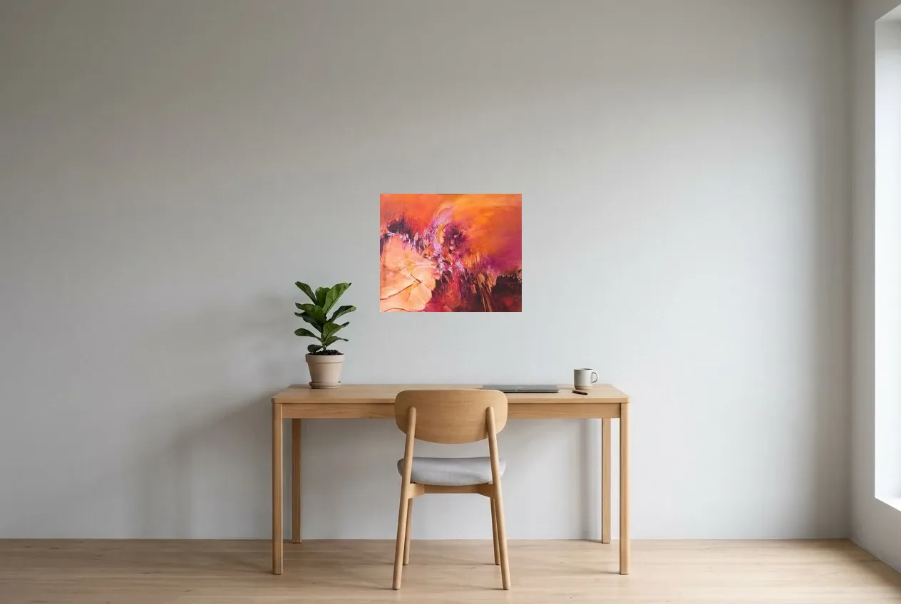 Red Abstract Painting 113 “Symbiose”, original oil painting by Régine Gardan, 55 × 46 cm, hung in a home office