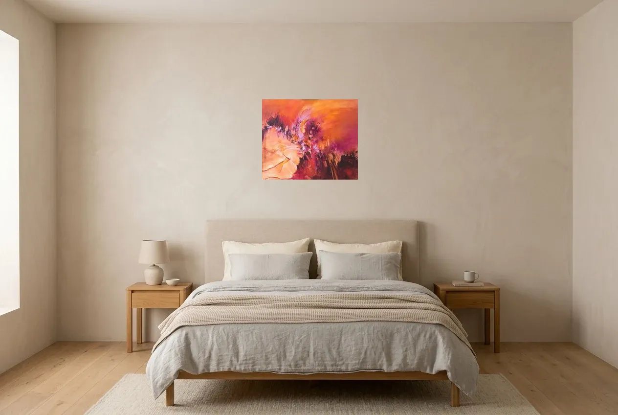 Red Abstract Painting 113 “Symbiose”, original oil painting by Régine Gardan, 55 × 46 cm, hung in a bedroom