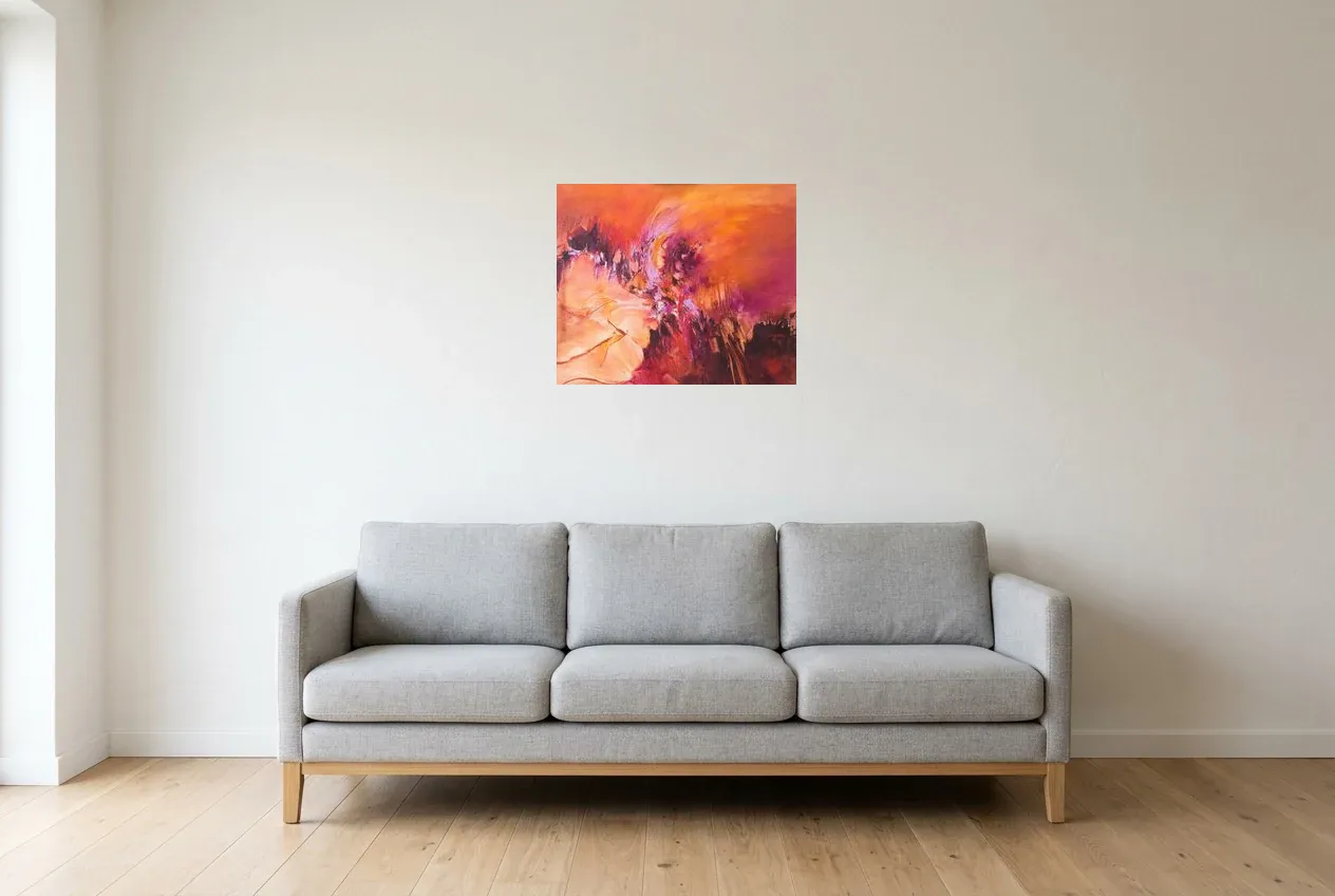 Red Abstract Painting 113 “Symbiose”, original oil painting by Régine Gardan, 55 × 46 cm, hung in a living room