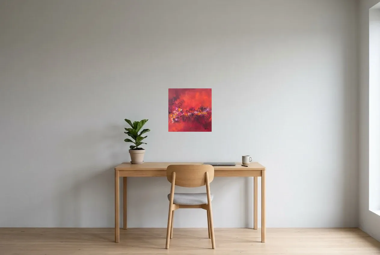 Red Abstract Wall Art 115 “Roses Rouges”, original oil painting by Régine Gardan, 40 × 40 cm, hung in a home office