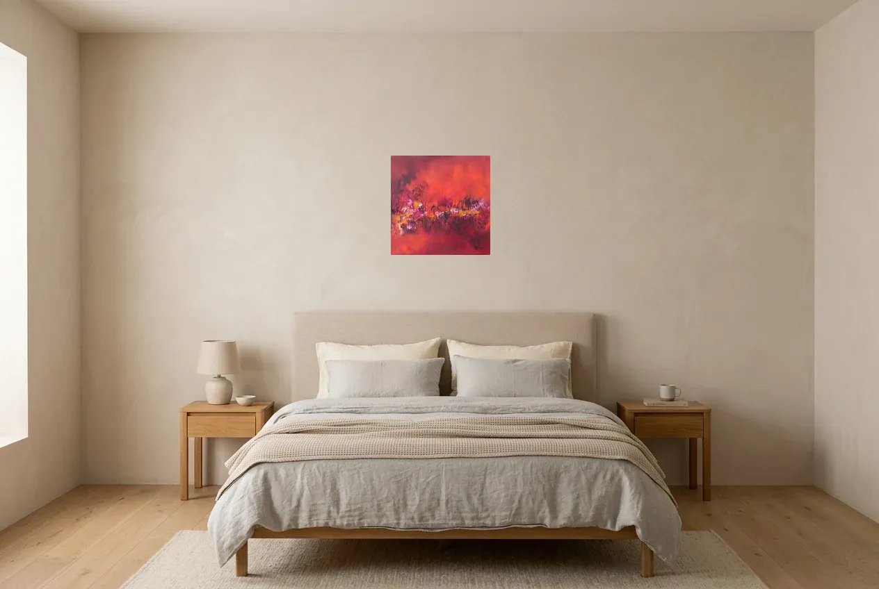 Red Abstract Wall Art 115 “Roses Rouges”, original oil painting by Régine Gardan, 40 × 40 cm, hung in a bedroom