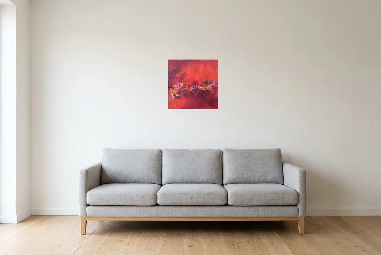 Red Abstract Wall Art 115 “Roses Rouges”, original oil painting by Régine Gardan, 40 × 40 cm, hung in a living room