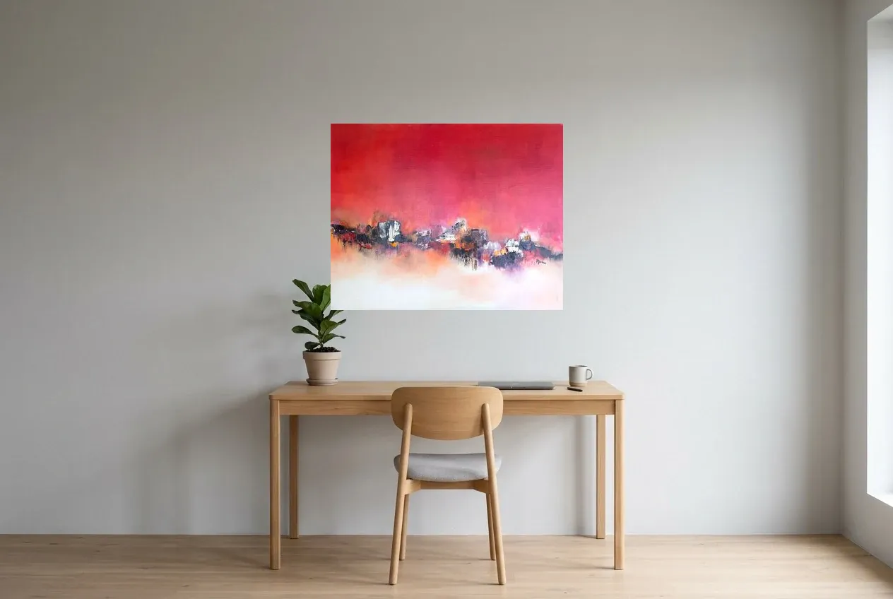 Red Abstract Painting 118 “Parcours De Vie”, original oil painting by Régine Gardan, 91 × 73 cm, hung in a home office