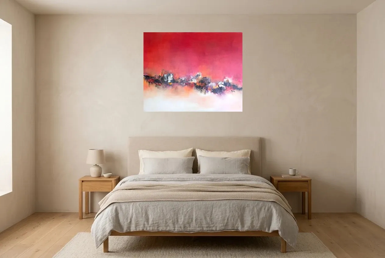 Red Abstract Painting 118 “Parcours De Vie”, original oil painting by Régine Gardan, 91 × 73 cm, hung in a bedroom