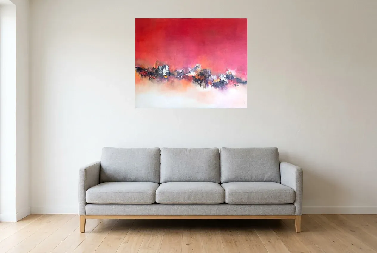 Red Abstract Painting 118 “Parcours De Vie”, original oil painting by Régine Gardan, 91 × 73 cm, hung in a living room