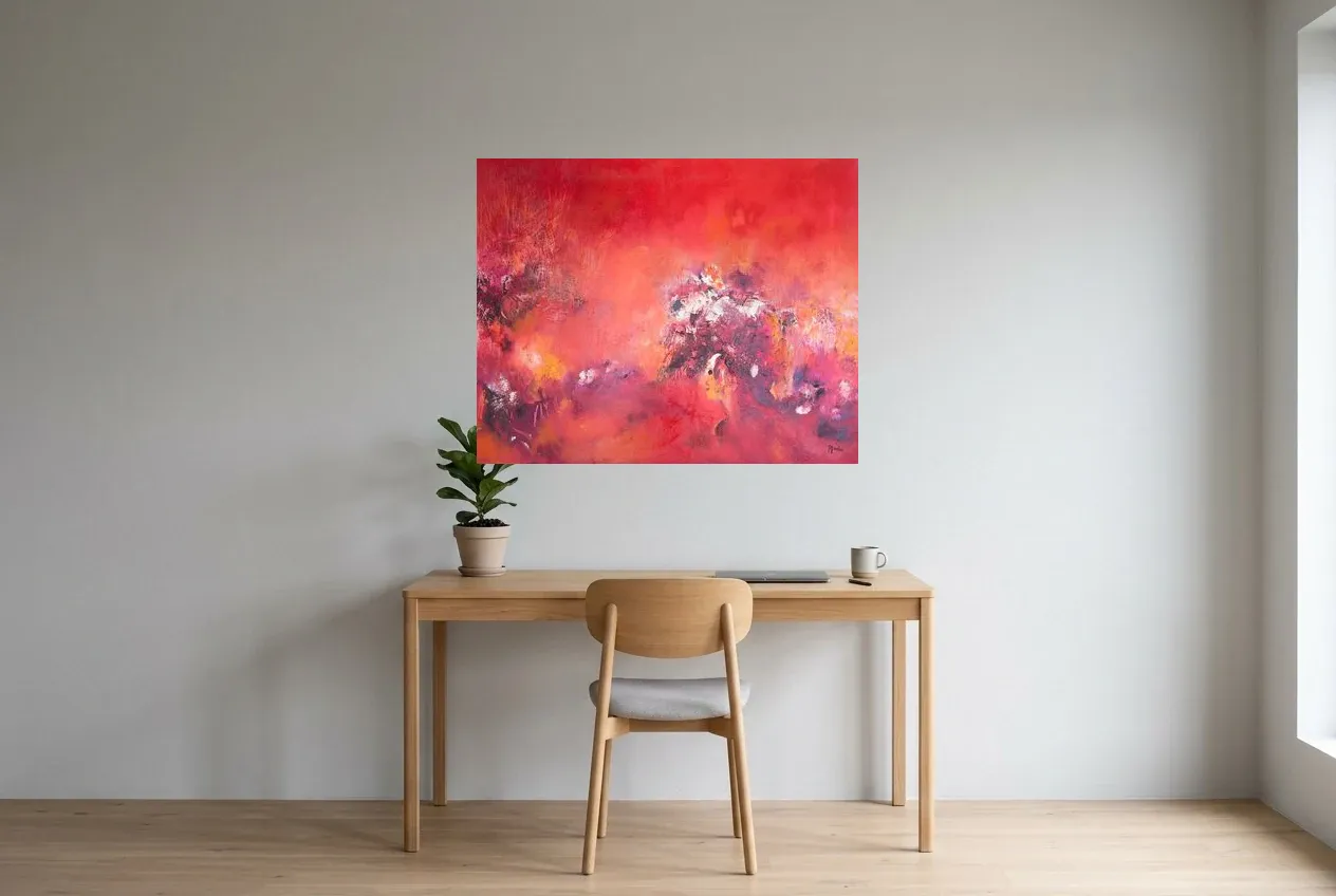 Red Abstract Painting 119 “Arbre de Vie”, original oil painting by Régine Gardan, 100 × 80 cm, hung in a home office