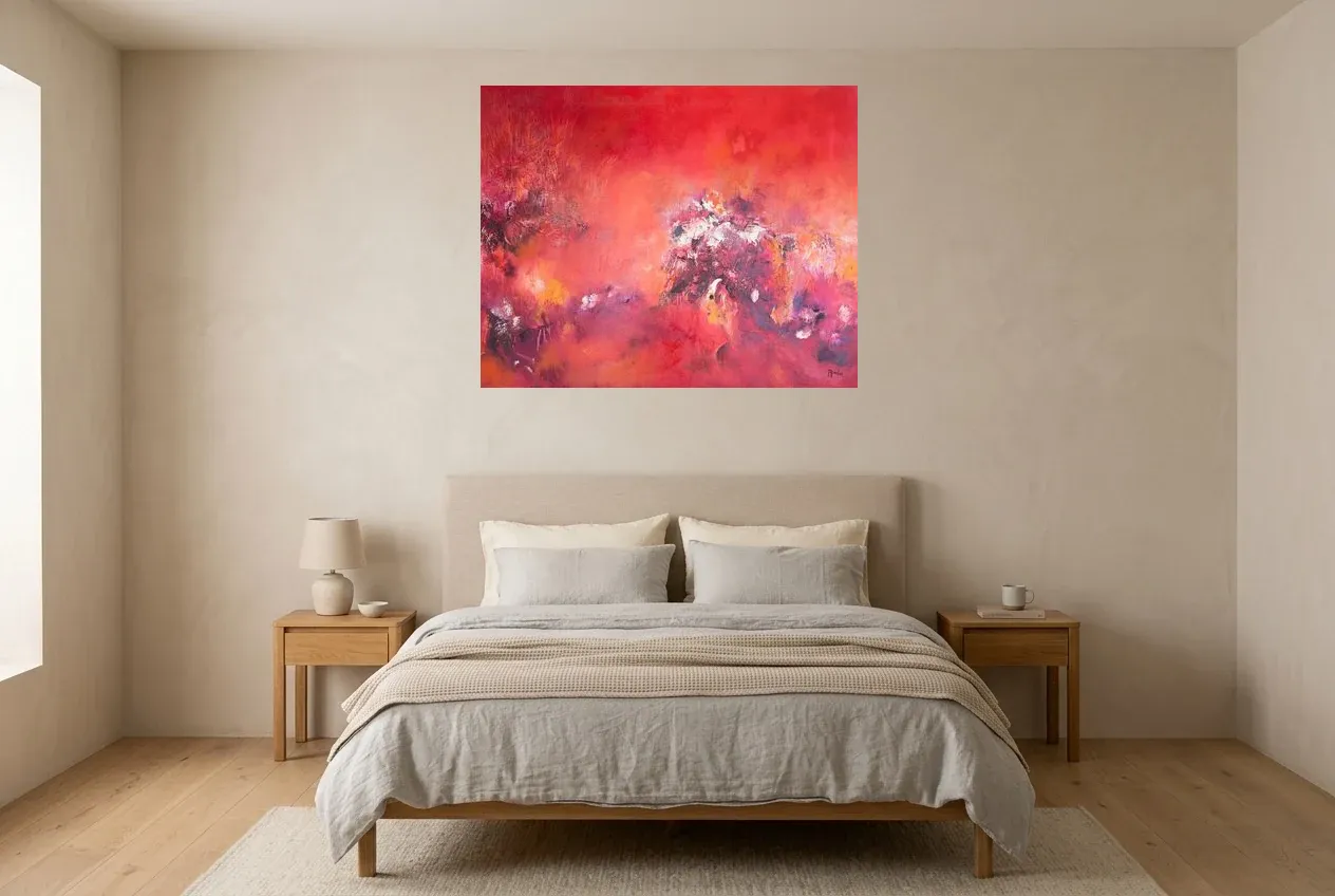 Red Abstract Painting 119 “Arbre de Vie”, original oil painting by Régine Gardan, 100 × 80 cm, hung in a bedroom