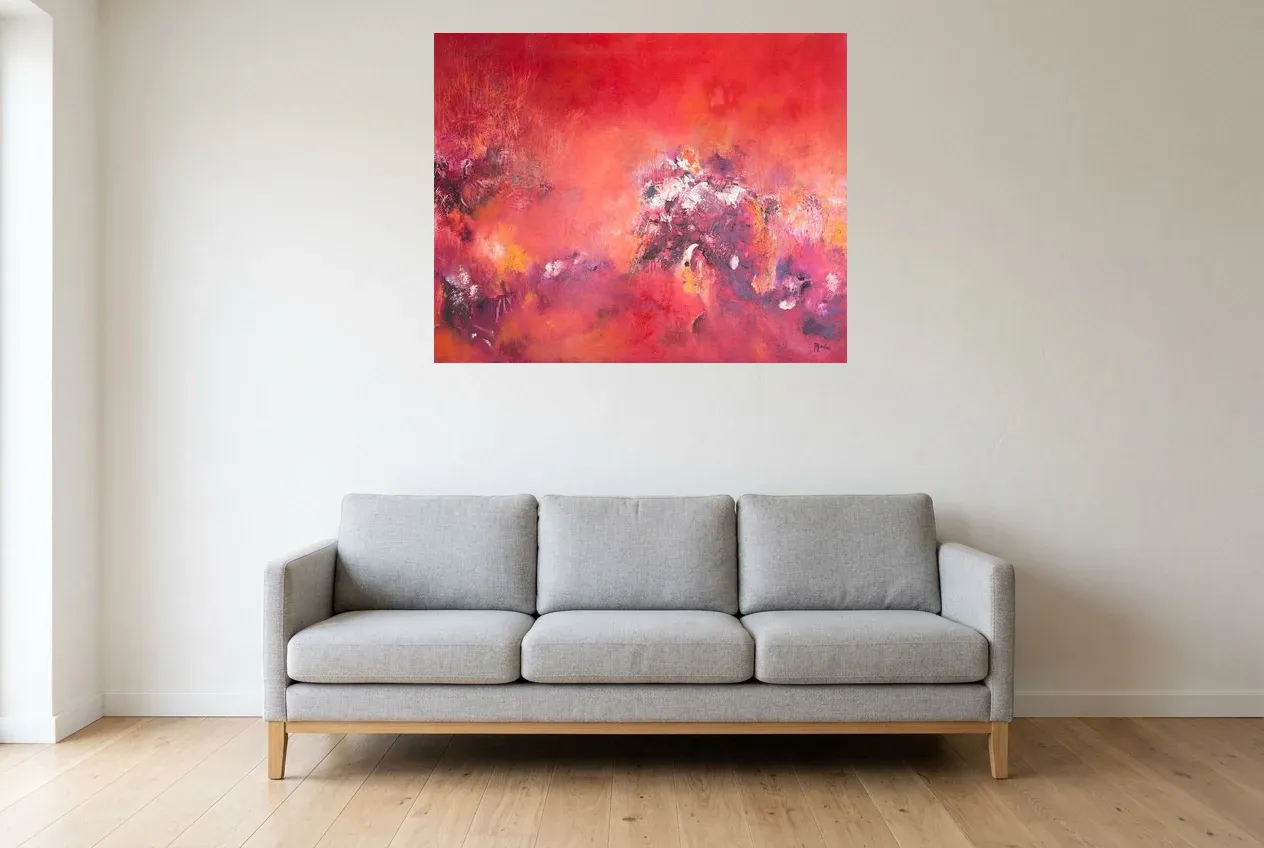 Red Abstract Painting 119 “Arbre de Vie”, original oil painting by Régine Gardan, 100 × 80 cm, hung in a living room
