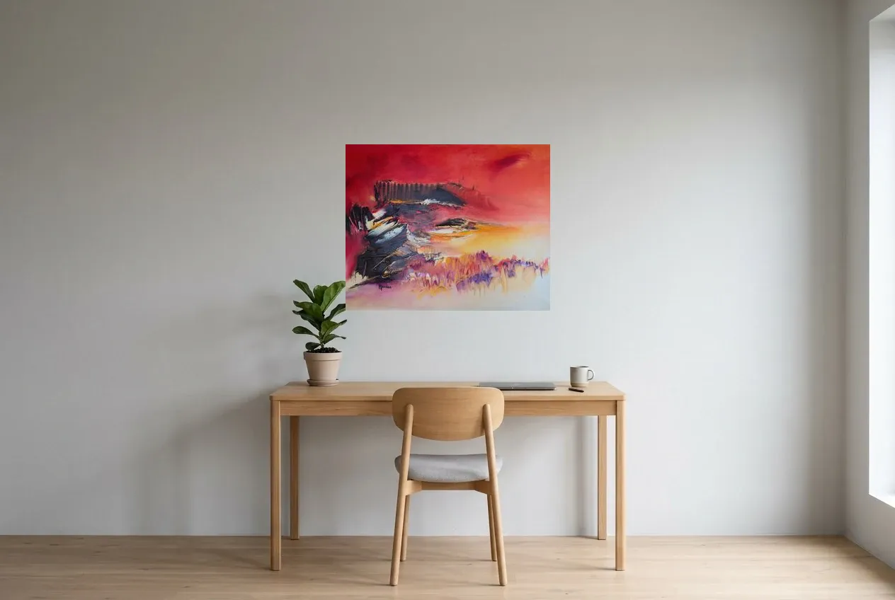 Cuadro Abstracto Rojo 120 “Piton De La Fournaise”, pintura original al óleo de Régine Gardan, 80 × 65 cm, colgado en un despacho