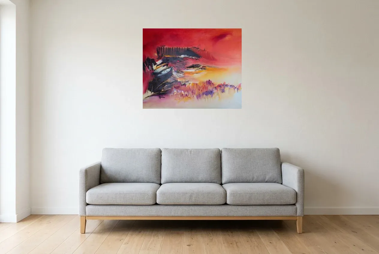 Cuadro Abstracto Rojo 120 “Piton De La Fournaise”, pintura original al óleo de Régine Gardan, 80 × 65 cm, colgado en un salón