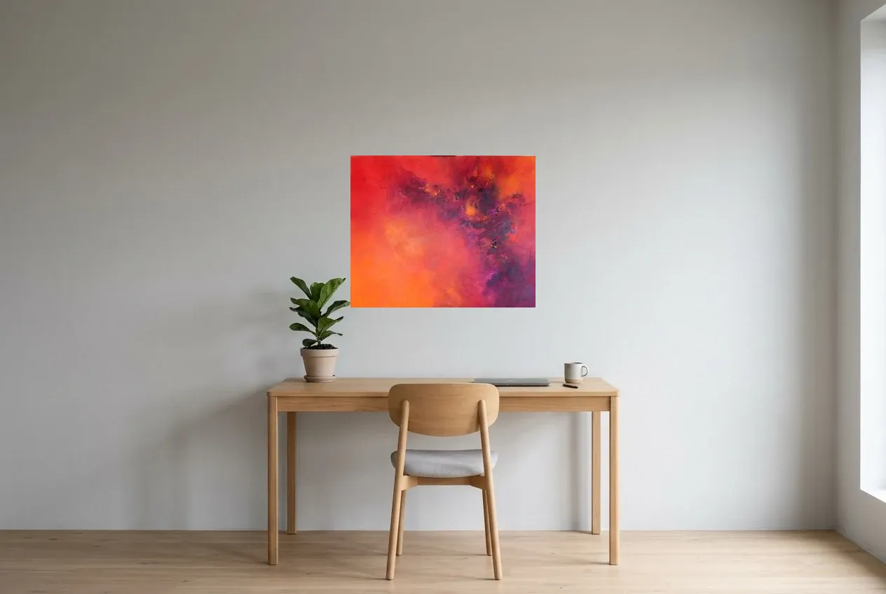 Cuadro Abstracto Rojo 125 “Ultraviolet”, pintura original al óleo de Régine Gardan, 73 × 60 cm, colgado en un despacho