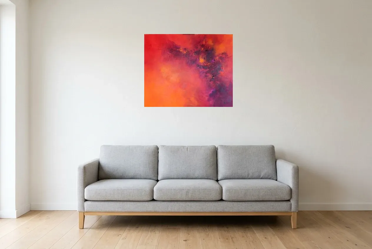 Cuadro Abstracto Rojo 125 “Ultraviolet”, pintura original al óleo de Régine Gardan, 73 × 60 cm, colgado en un salón