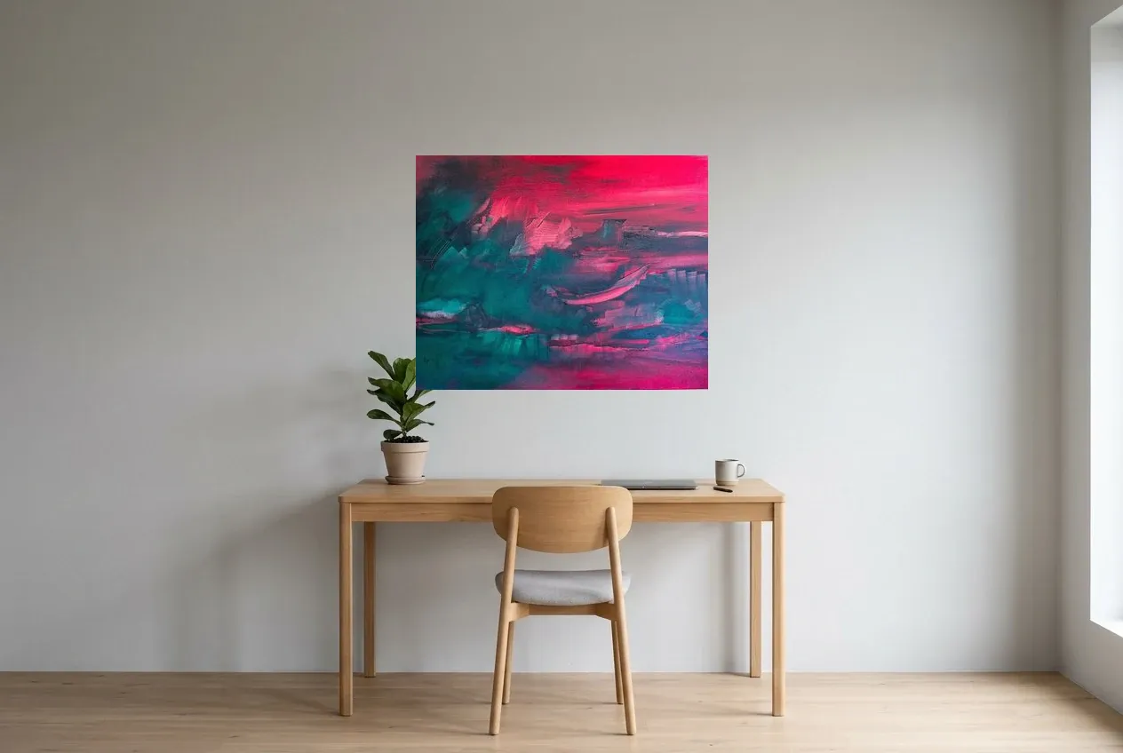 Red Abstract Painting 126 “Brouillard Pourpre”, original oil painting by Régine Gardan, 91 × 73 cm, hung in a home office