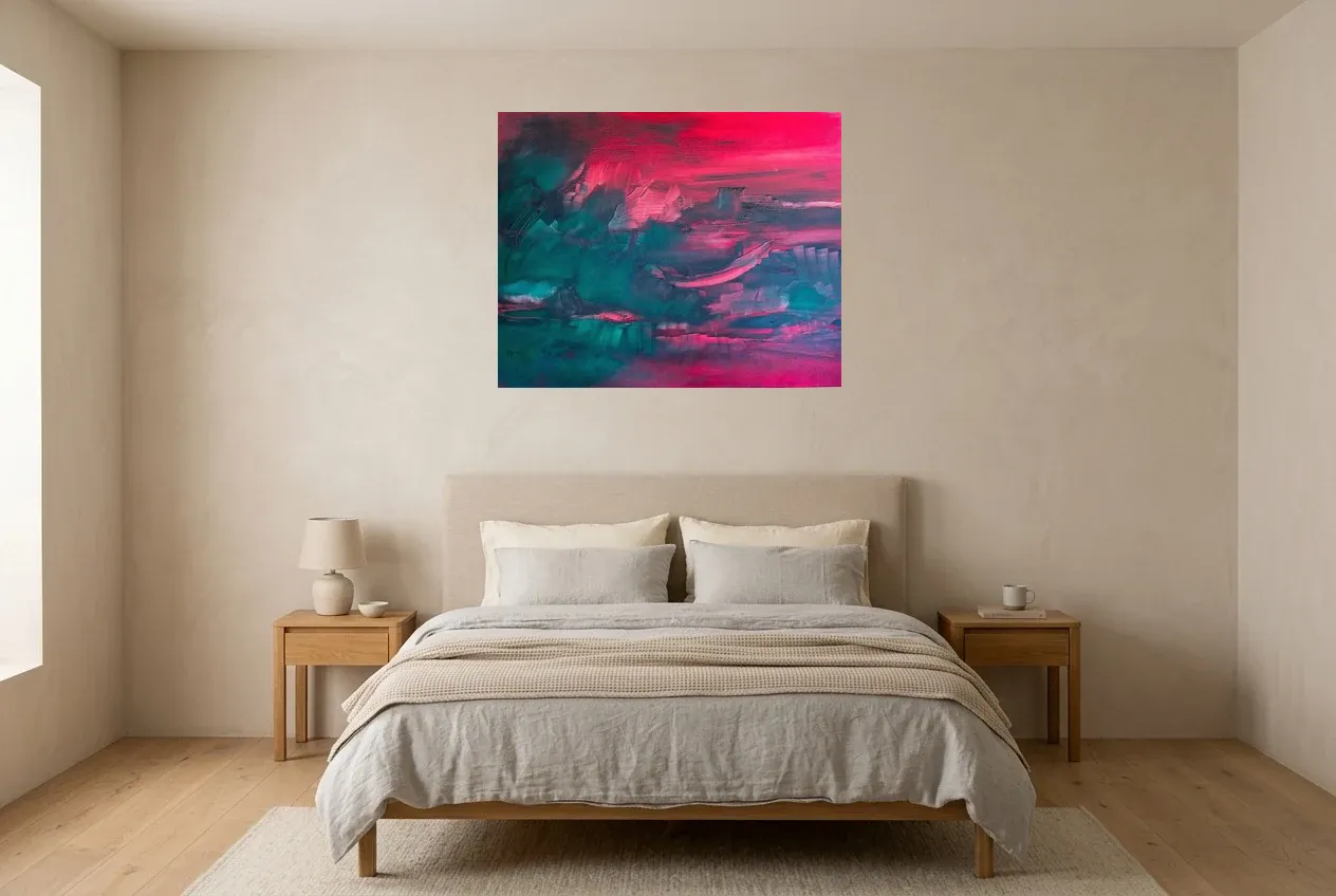 Red Abstract Painting 126 “Brouillard Pourpre”, original oil painting by Régine Gardan, 91 × 73 cm, hung in a bedroom