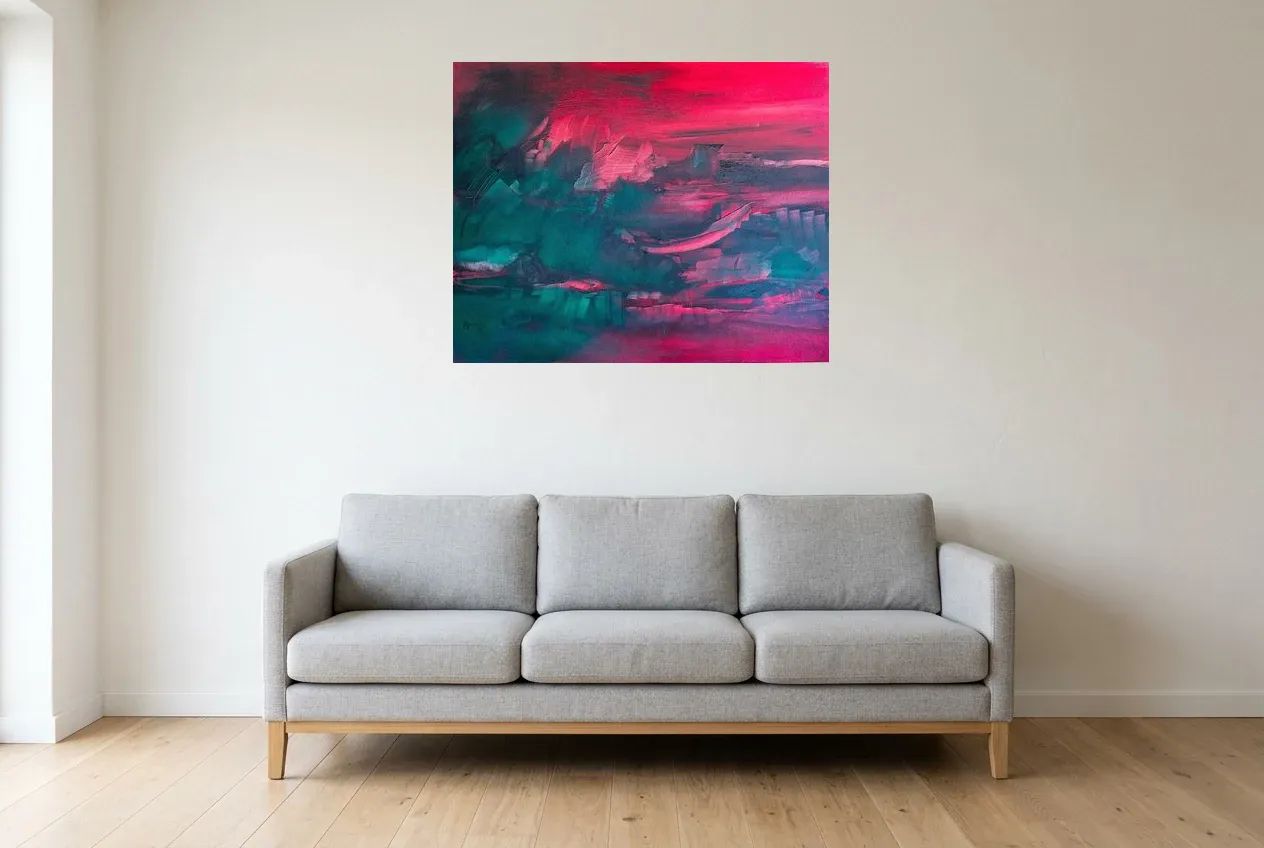 Red Abstract Painting 126 “Brouillard Pourpre”, original oil painting by Régine Gardan, 91 × 73 cm, hung in a living room
