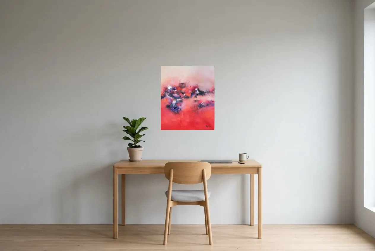 Cuadro Abstracto Rojo 129 “Pensées”, pintura original al óleo de Régine Gardan, 50 × 60 cm, colgado en un despacho
