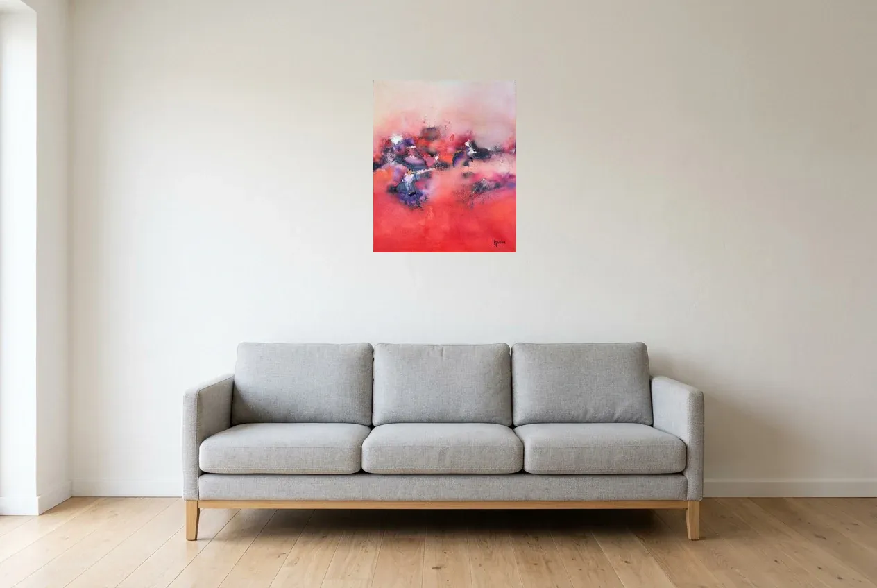Cuadro Abstracto Rojo 129 “Pensées”, pintura original al óleo de Régine Gardan, 50 × 60 cm, colgado en un salón