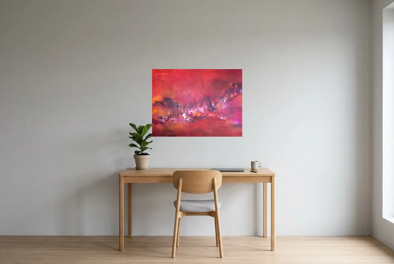 Cuadro Abstracto Rojo 132 “Forêt D’espoir”, pintura original al óleo de Régine Gardan, 80 × 60 cm, colgado en un despacho