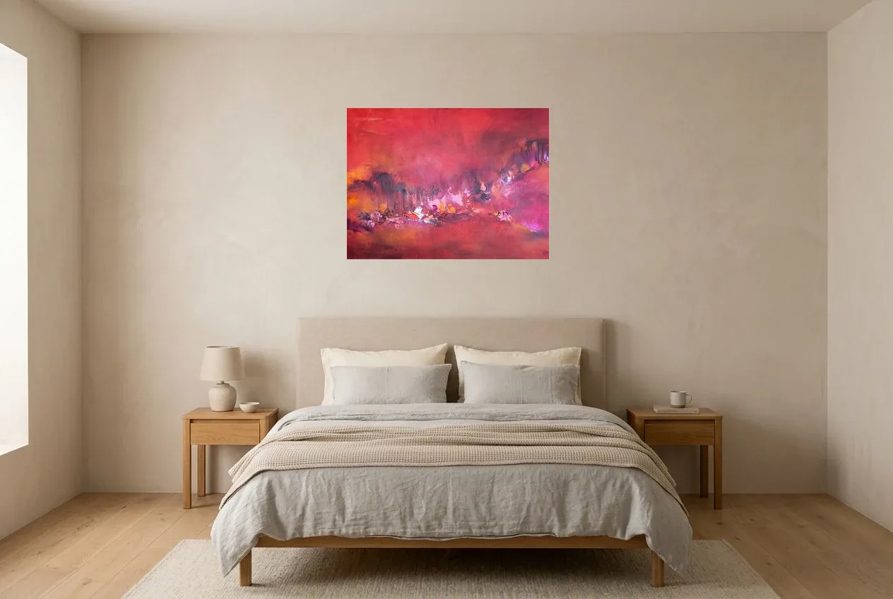 Cuadro Abstracto Rojo 132 “Forêt D’espoir”, pintura original al óleo de Régine Gardan, 80 × 60 cm, colgado en un dormitorio