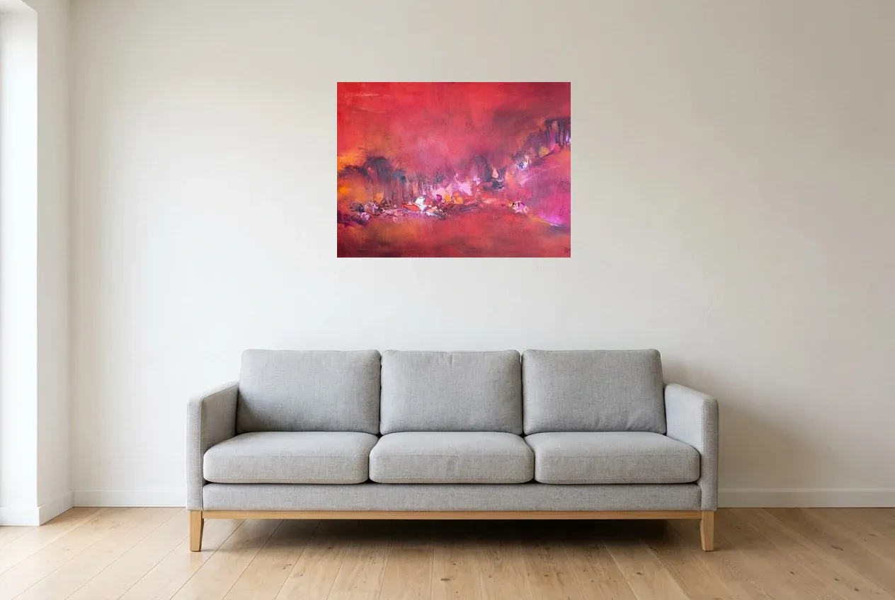 Cuadro Abstracto Rojo 132 “Forêt D’espoir”, pintura original al óleo de Régine Gardan, 80 × 60 cm, colgado en un salón
