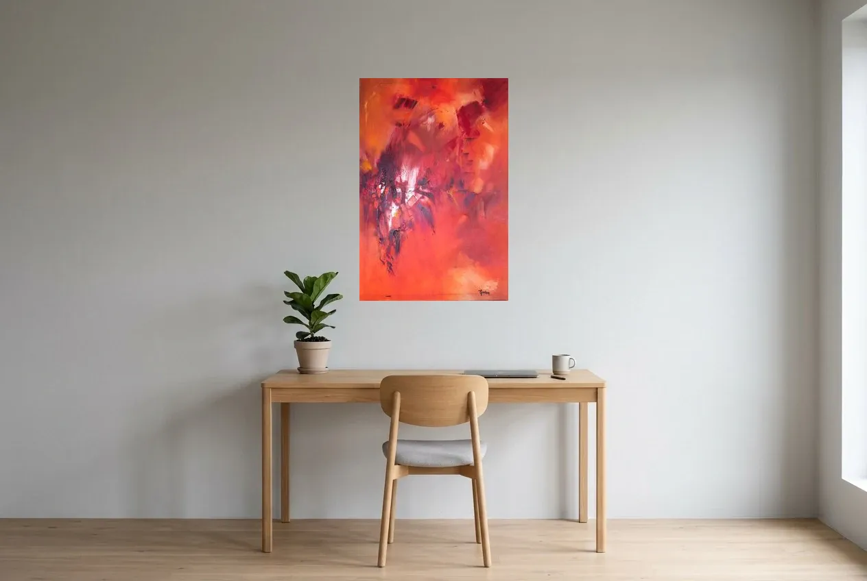 Red Abstract Painting 133 “île de Pâques”, original oil painting by Régine Gardan, 60 × 90 cm, hung in a home office