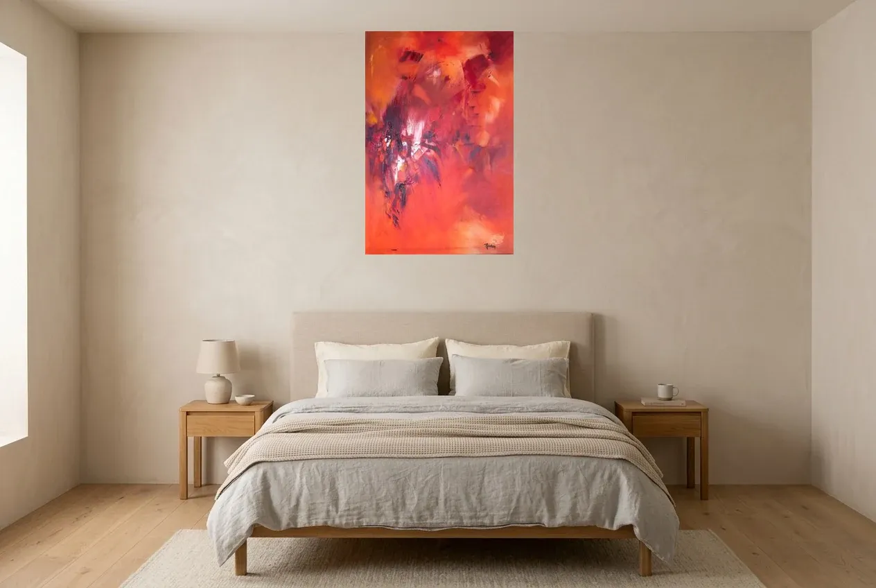 Red Abstract Painting 133 “île de Pâques”, original oil painting by Régine Gardan, 60 × 90 cm, hung in a bedroom