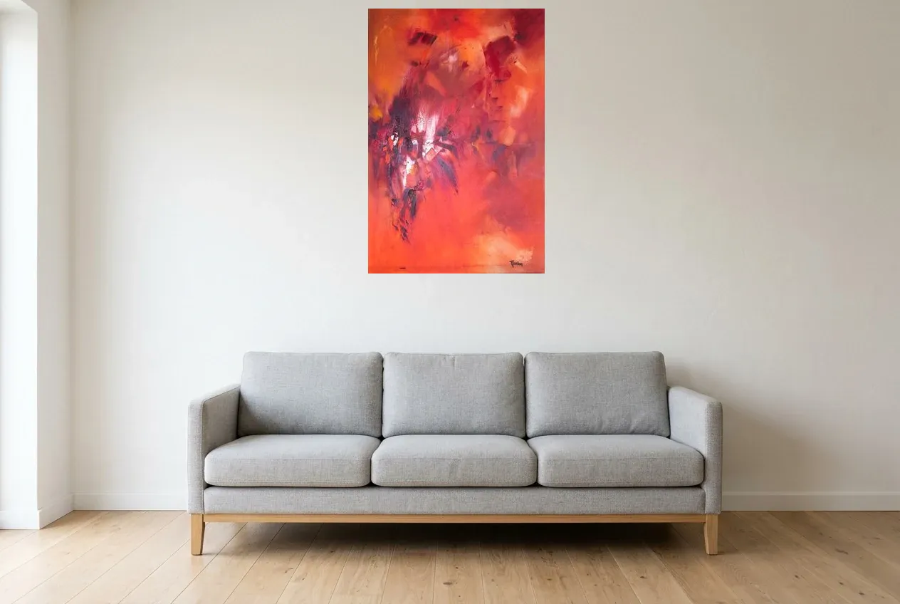Red Abstract Painting 133 “île de Pâques”, original oil painting by Régine Gardan, 60 × 90 cm, hung in a living room
