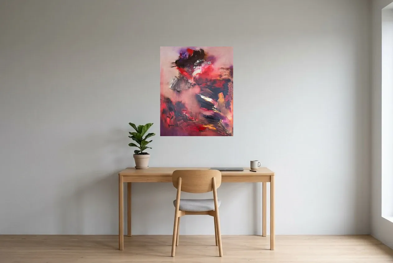 Red Abstract Painting 144 “Passion”, original oil painting by Régine Gardan, 65 × 80 cm, hung in a home office