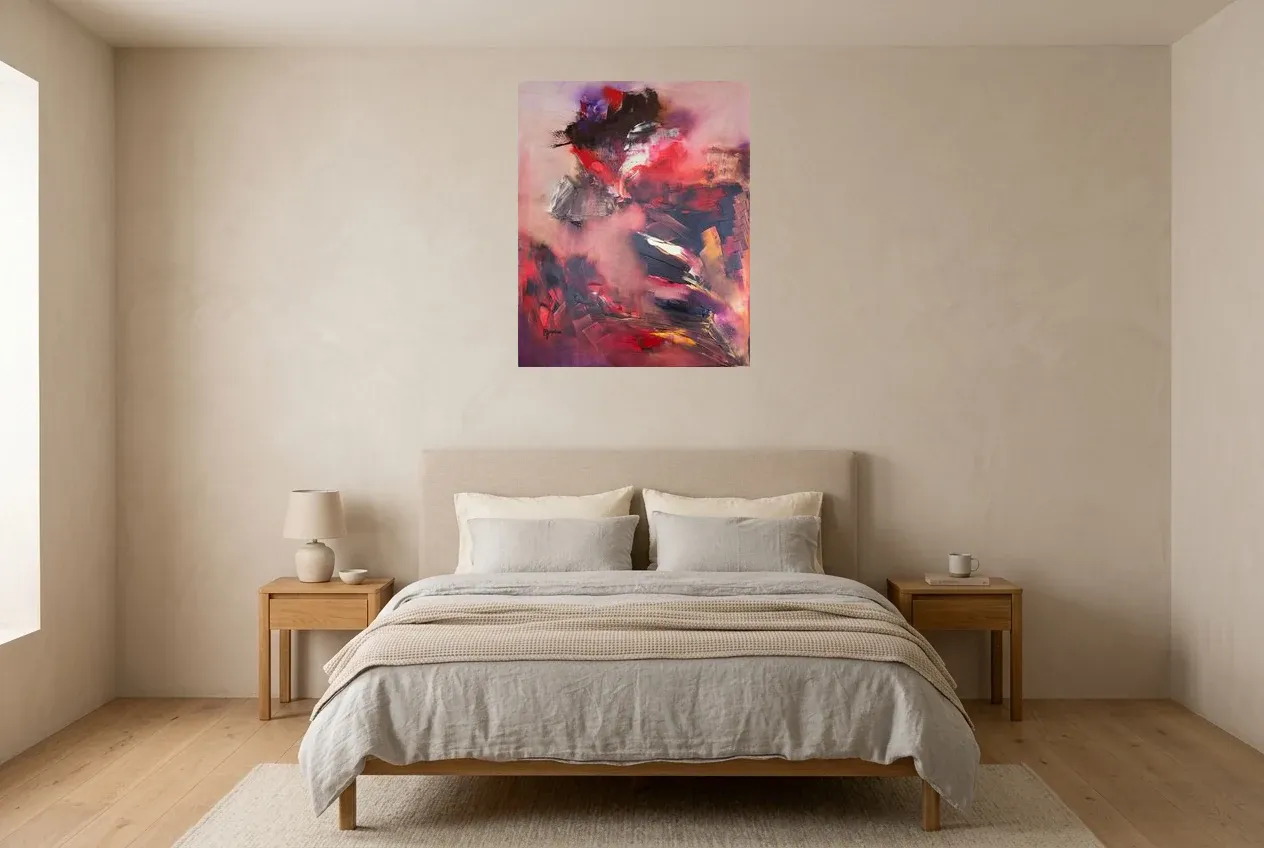 Red Abstract Painting 144 “Passion”, original oil painting by Régine Gardan, 65 × 80 cm, hung in a bedroom