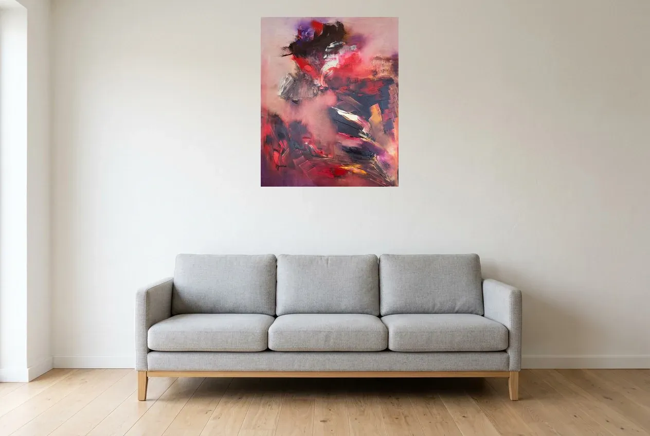 Red Abstract Painting 144 “Passion”, original oil painting by Régine Gardan, 65 × 80 cm, hung in a living room
