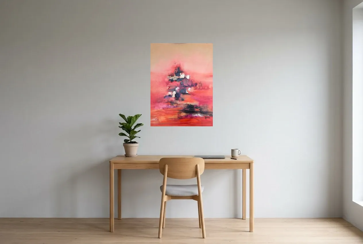 Red Abstract Wall Art 146 “Arbre d’Espoir”, original oil painting by Régine Gardan, 60 × 80 cm, hung in a home office