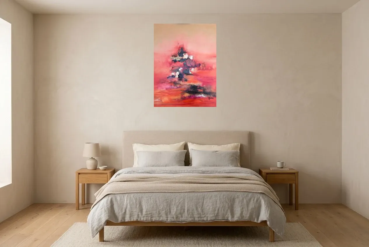 Red Abstract Wall Art 146 “Arbre d’Espoir”, original oil painting by Régine Gardan, 60 × 80 cm, hung in a bedroom