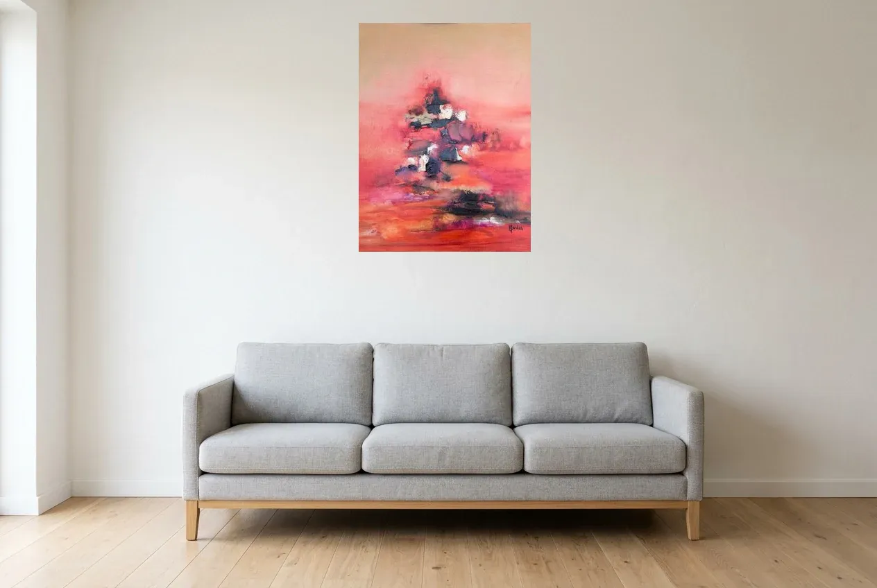 Red Abstract Wall Art 146 “Arbre d’Espoir”, original oil painting by Régine Gardan, 60 × 80 cm, hung in a living room