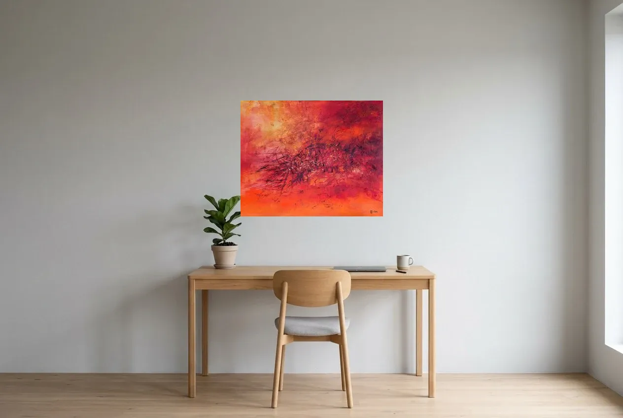Red Abstract Painting 147 “Trou Noir”, original oil painting by Régine Gardan, 80 × 65 cm, hung in a home office